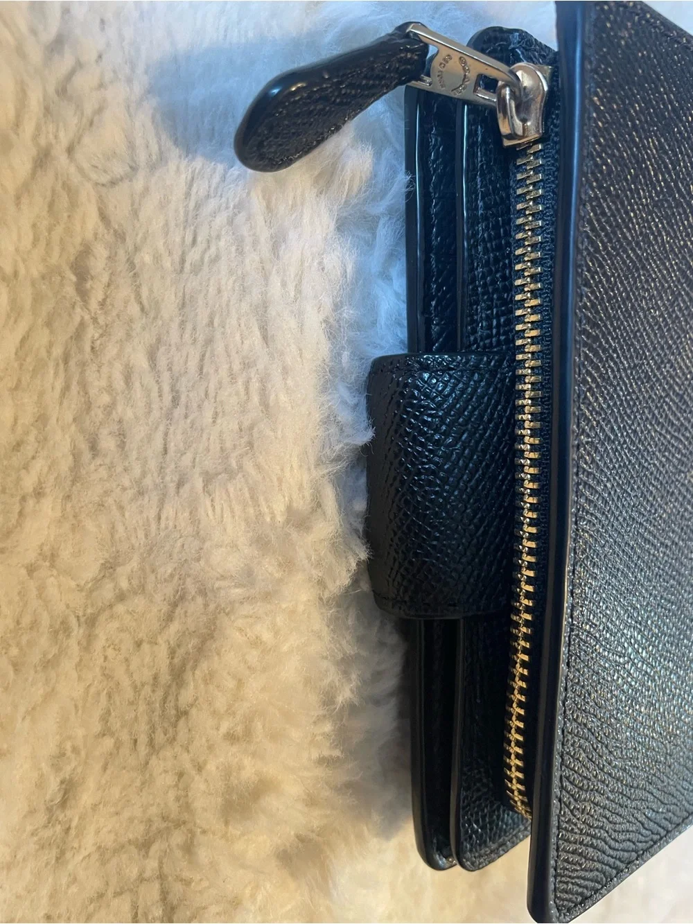 Coach Black Saffiano Leather Phone Wallet with Gold Logo
